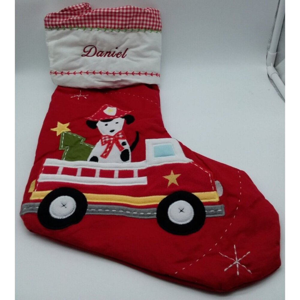Pottery Barn Kids Daniel Christmas Stocking Fire Truck Dog Holiday Quilted